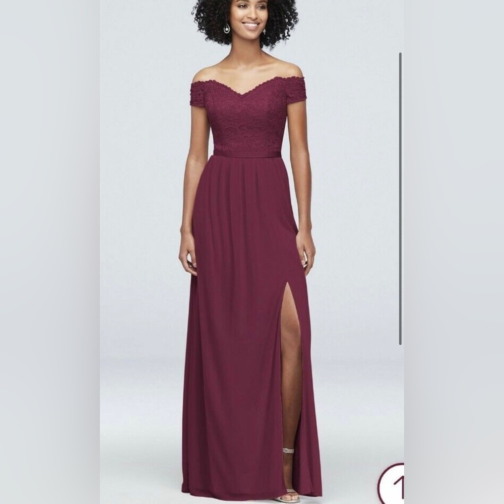 DAVIDS BRIDAL Off the Shoulder Lace and Mesh Bridesmaid Dress - Wine Color